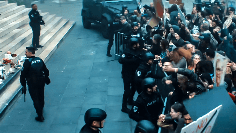 AVTF holding back protesters in the trailer for 'Daredevil: Born Again' Season 2.