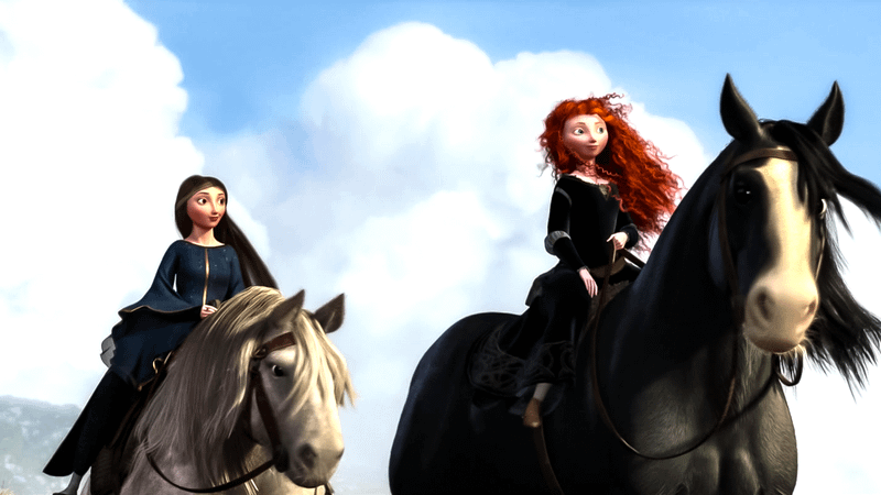 Merida and her mother on horses in Brave.