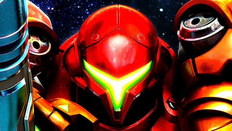 Samus Aran holding her blaster arm up to her face in Metroid