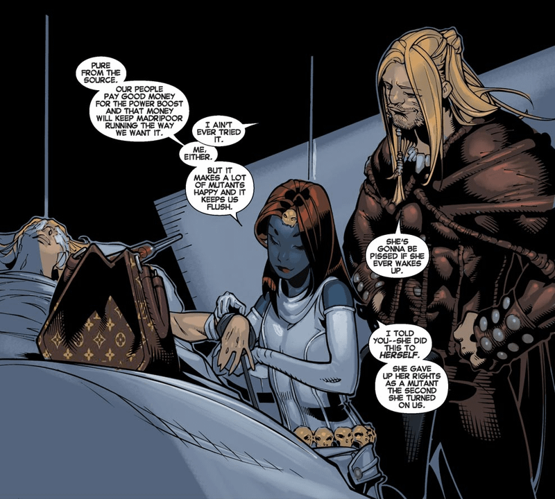 Mystique extracting Mutant Growth Hormone (MGH) from Dazzler in Uncanny X-Men (2013) #19.