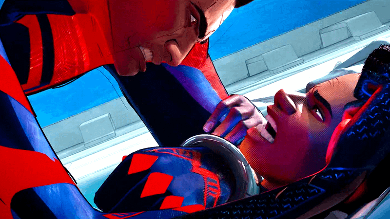 Miguel O'Hara holding down Miles Morales in Spider-Man: Beyond the Spider-Verse.