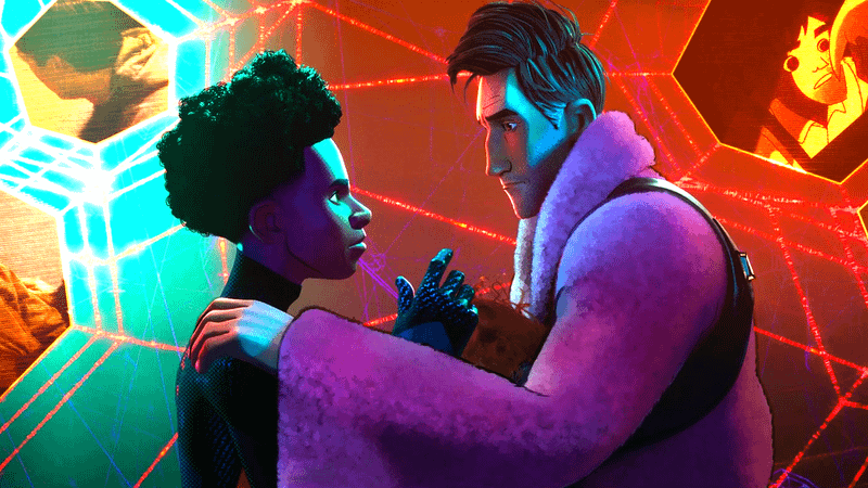 Miles and Peter B. Parker in Across the Spider-Verse.