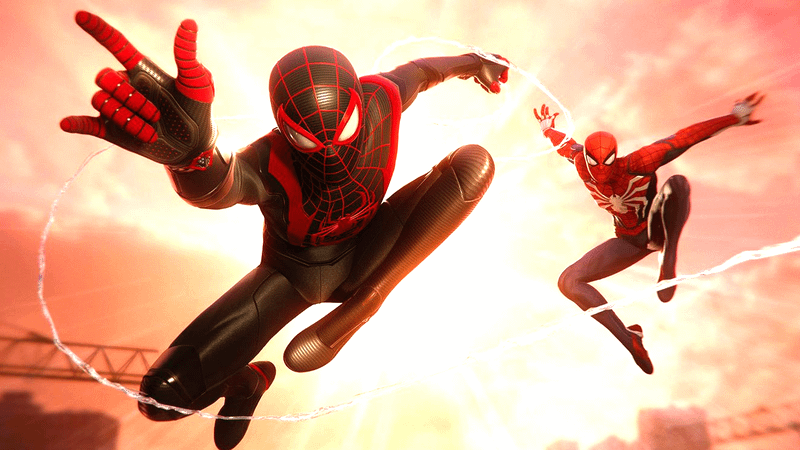 Miles Morales and Peter Parker swinging together.