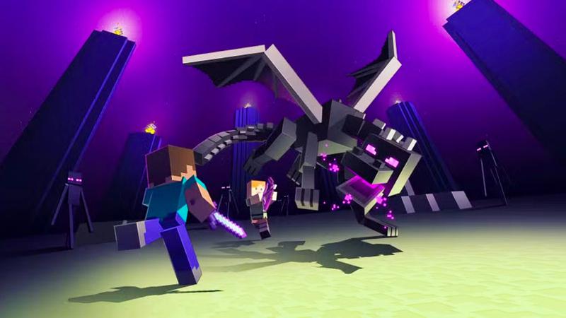 Alex and Steve Fighting Ender Dragon