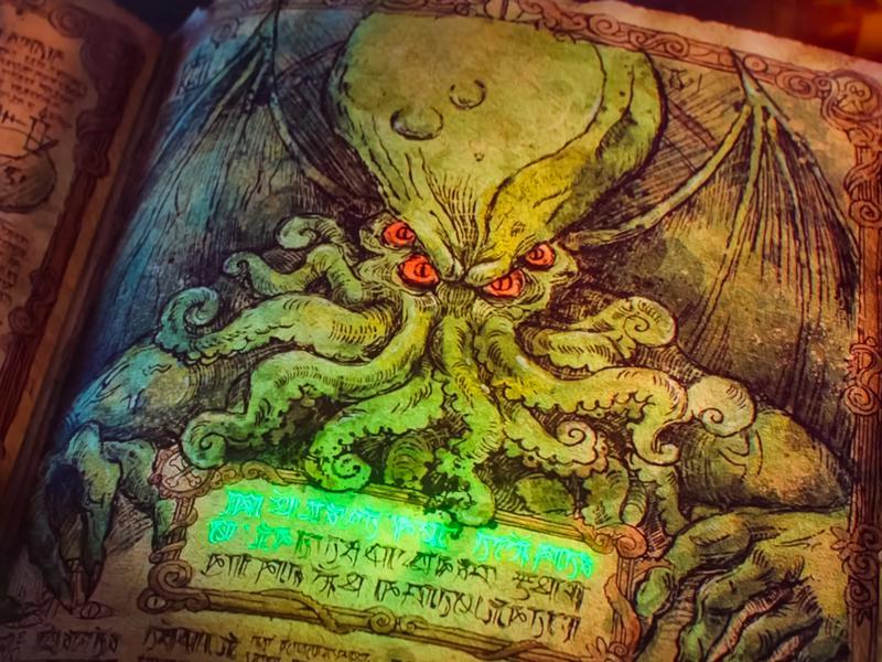 A drawing of a Cthulhu in an old book in Minions and Monsters.