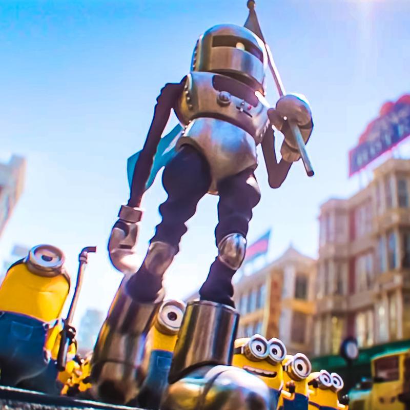 A mech standing with the Minions in Minions and Monsters