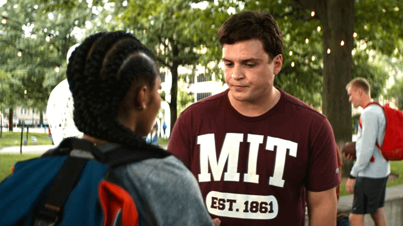 Luka Lenza as MIT student and Dominque Thorne as Riri Williams in Black Panther: Wakanda Forever