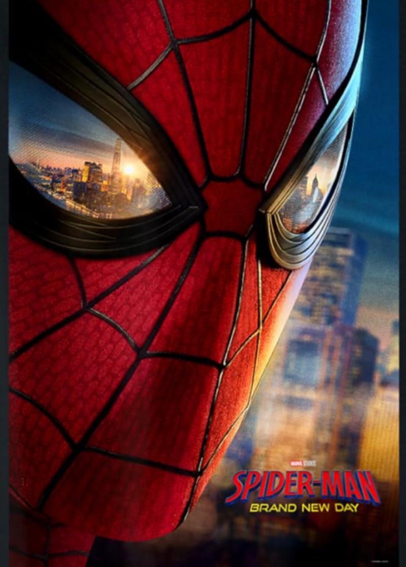 Spider-Man mask with New York's skyline reflecting in his lenses.