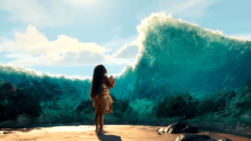 Catherine Laga'aia as Moana talking with the ocean in Moana