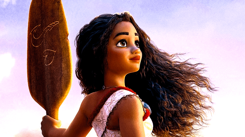 Animated Moana with hair blowing holding her oar in Moana 2.