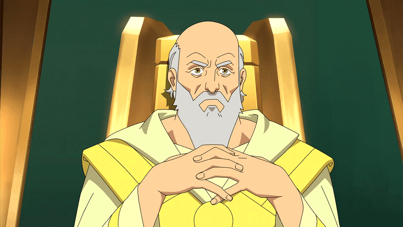 Image from Invincible series showing Thaedus sitting in his office chair.