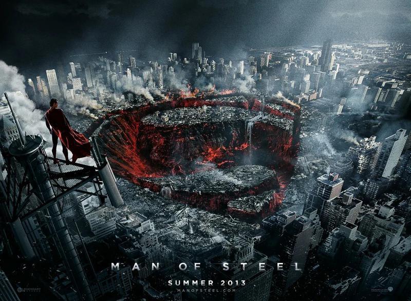 Superman on a building looking at a destroyed city in Man of Steel