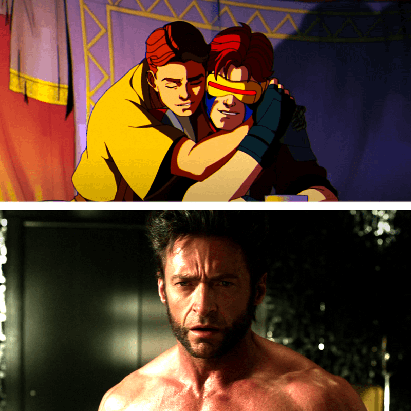 Cyclopse and Jean Grey in X-Men 97 alongside live-action Wolverine.