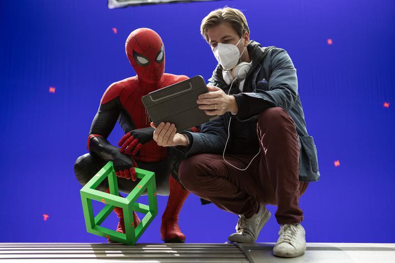 Spider-Man and Jon Watts in Spider-Man No Way Home behind the scenes