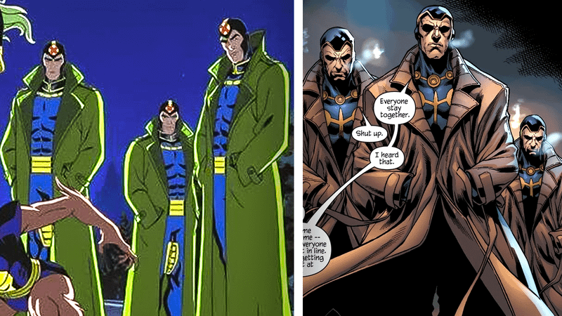 Multiple Man and his doppelgängers wearing trench coats.