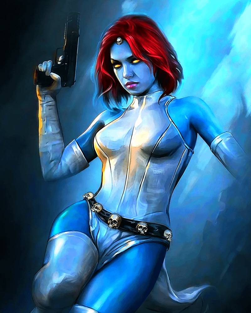 Mystique in Marvel Comics in white bodysuit and holding a pistol.