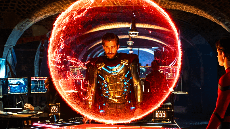 Jake Gyllenhaal as Mysterio with a projection of Earth in front of him in Spider-Man: Far From Home.
