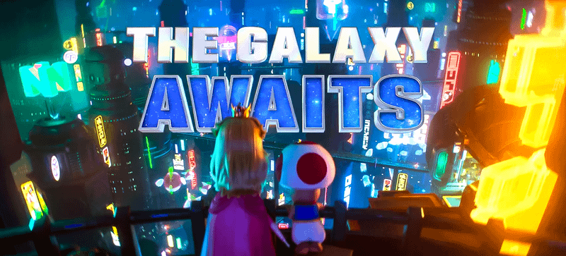 Cyberpunk city scene in Super Mario Galaxy Movie trailer.