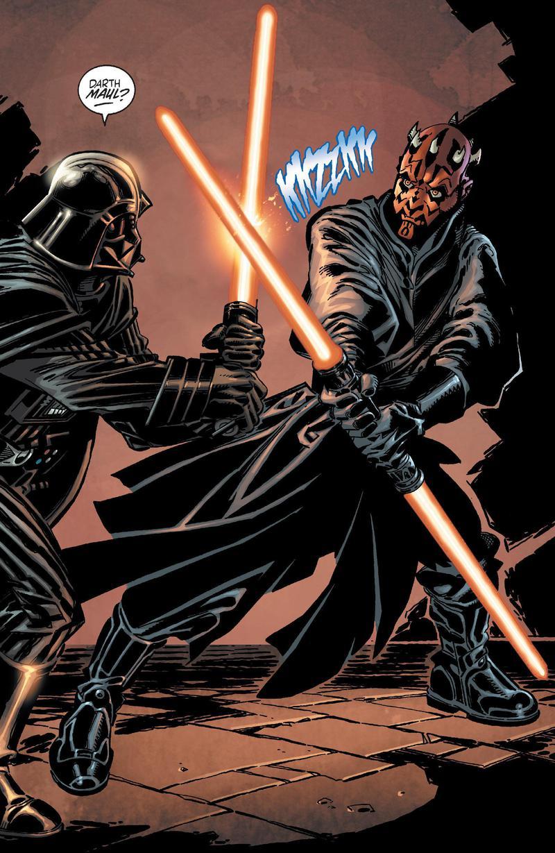 Darth Vader and Darth Maul fighting in Star Wars comics.