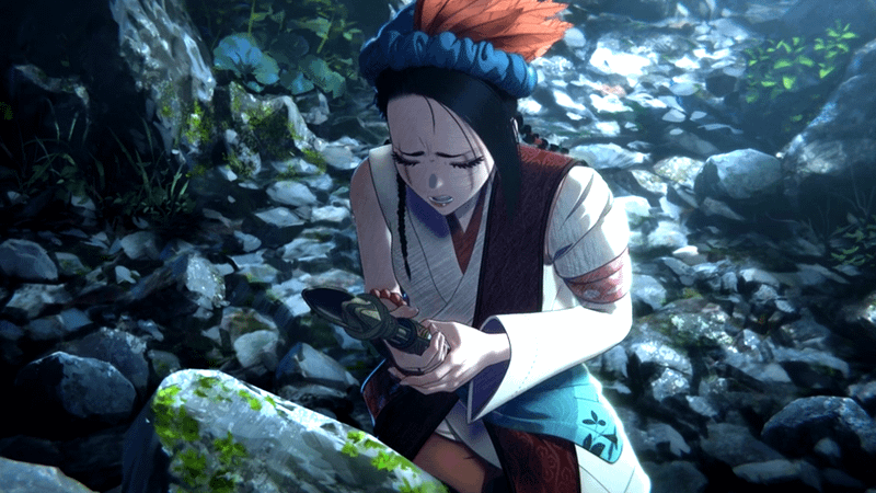 Nakime praying at a statue in Star Wars Visions