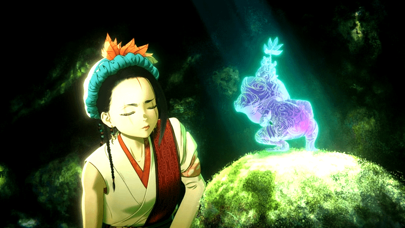 Nakime talking to a Force frog spirit in Star Wars Visions