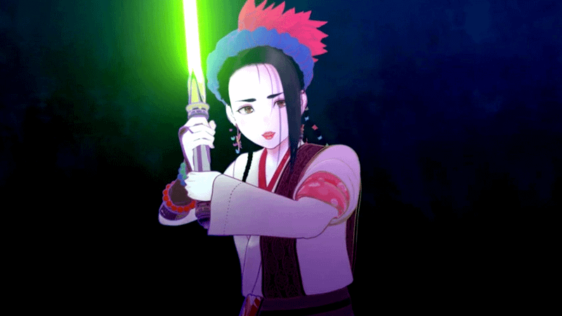 Nakime holding a green saber near her face in Star Wars Visions