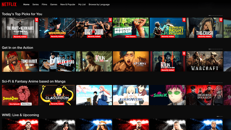 Netflix home page personalized recommendations.