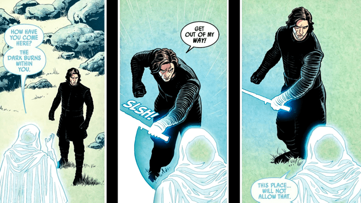 Kylo Ren trying to cut down a Force ghost with a lightsaber.