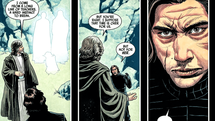Kylo Ren and Luke Skywalker talking in the Netherworld of the Force.