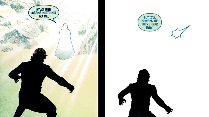 Luke Skywalker walking away from Kylo Ren in the Netherworld of the Force.