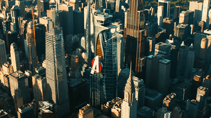 Avengers Tower surronded by buildings in Avengers: Doomsday