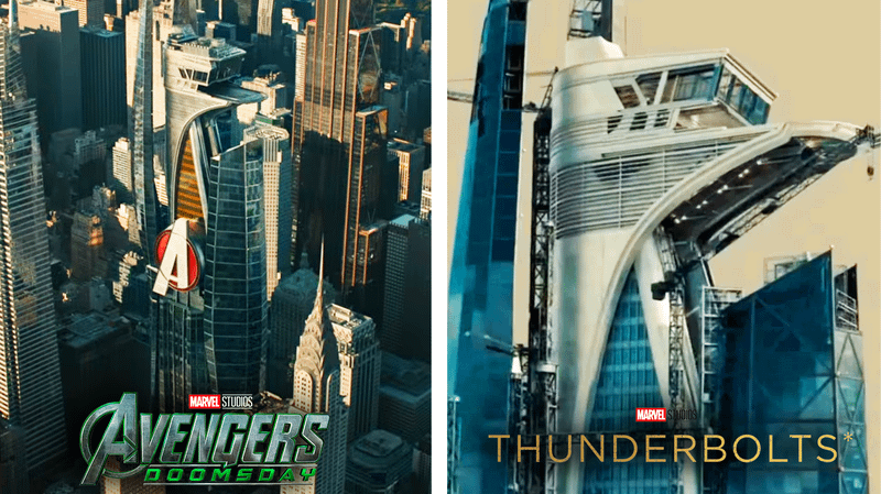The Watchtower from Thunderbolts next to Avengers Tower from Doomsday.