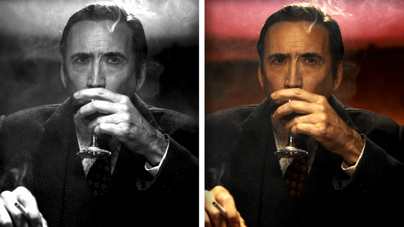 Nicolas Cage as Ben Reilly in Spider-Noir, in black and white and in color