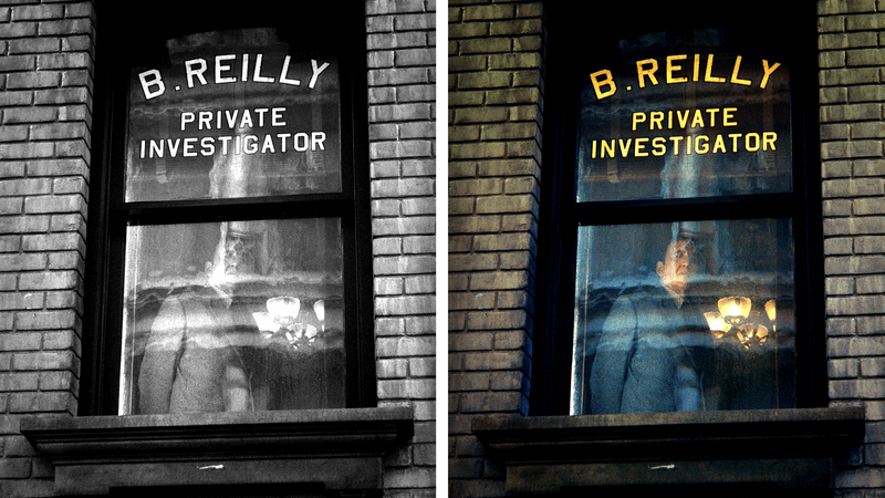 Ben Reilly's office window in Spider-Noir black and white and color