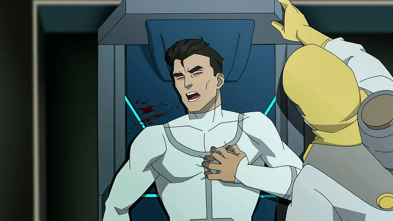 Image from Invincible series showing Nolan on a stretcher coughing up blood.