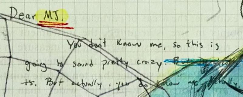 Peter's letter to MJ as seen in the Spider-Man: No Way Home credits.