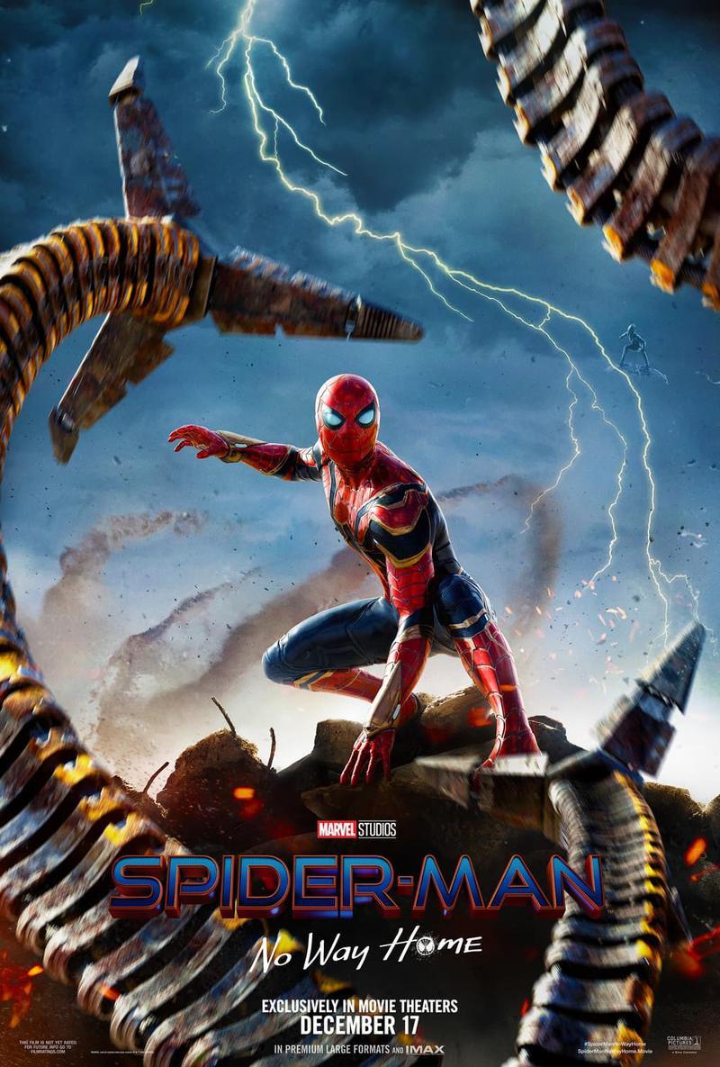Spider-Man surrounded by Doctor Octopus’s mechanical tentacles in Spider-Man: No Way Home poster.