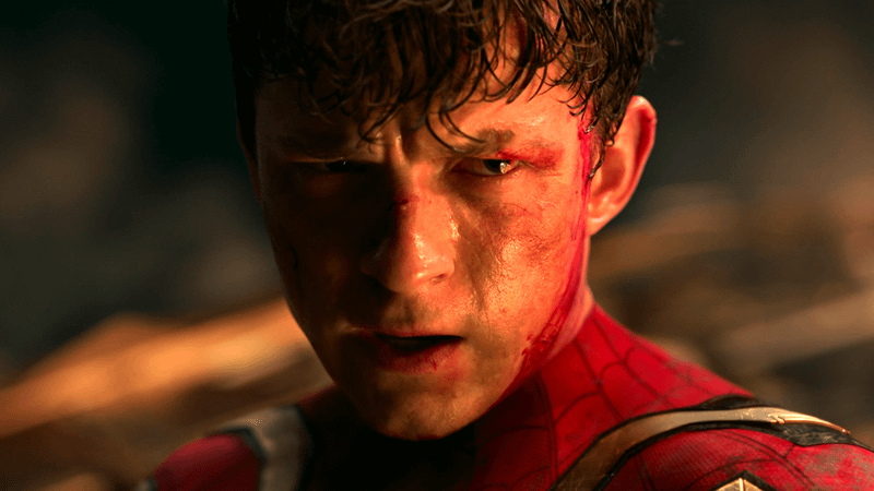 Tom Holland as Spider-Man looking angry covered in blood in Spider-Man: No Way Home