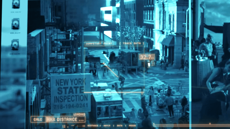 Spider-Man's HUD shot of a New York street.