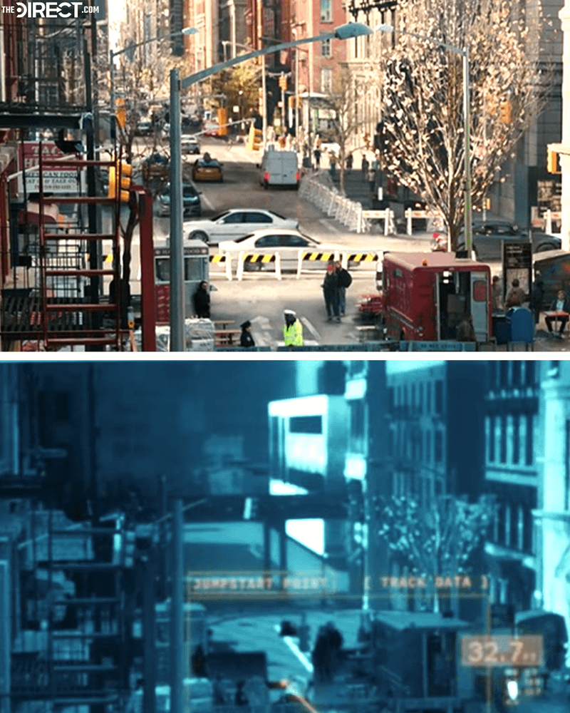 Spider-Man's HUD shot of a New York street alongside regular image.