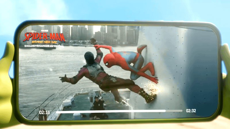 The Spider-Man: Brand New Day trailer on Mango's smart phone.