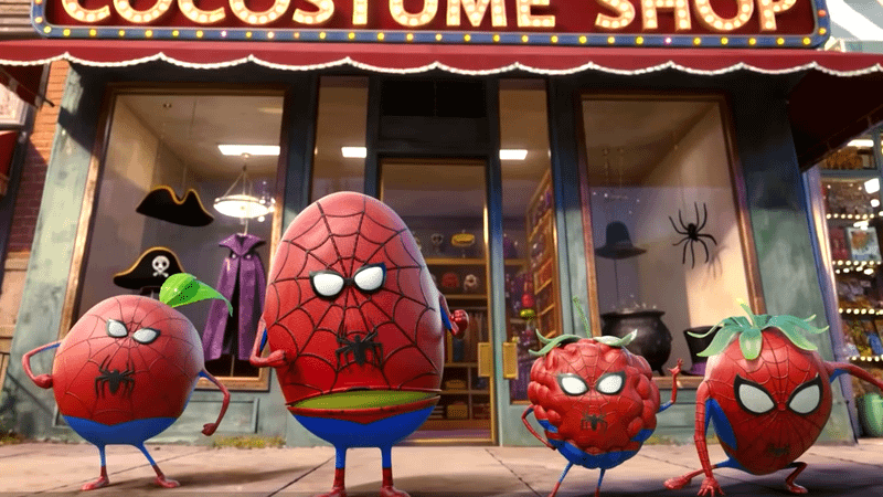 The full line up of fruit in spider-man suits.