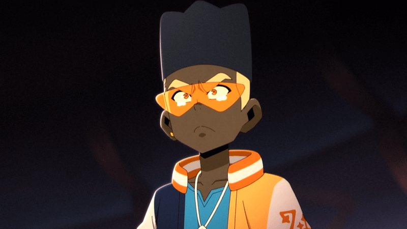 Dragon Striker’s Odward with orange sunglasses and a chain around his neck.