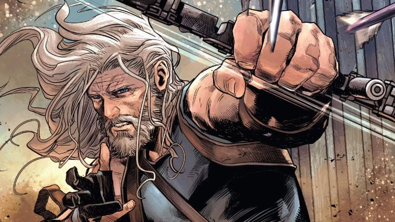 Old Man Hawkeye using his bow in Marvel Comics.