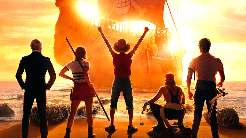 The Straw Hat Pirates looking at the horizon in One Piece