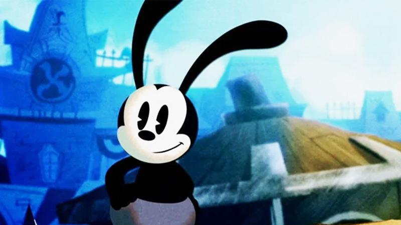 Oswald the Lucky Rabbit walking through a town with his hands on his hips