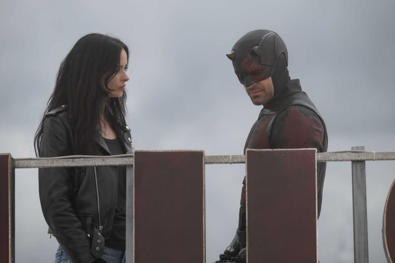 Krysten Ritter as Jessica Jones, Charlie Cox as Matt Murdock/Daredevil in Daredevil: Born Again Season 2
