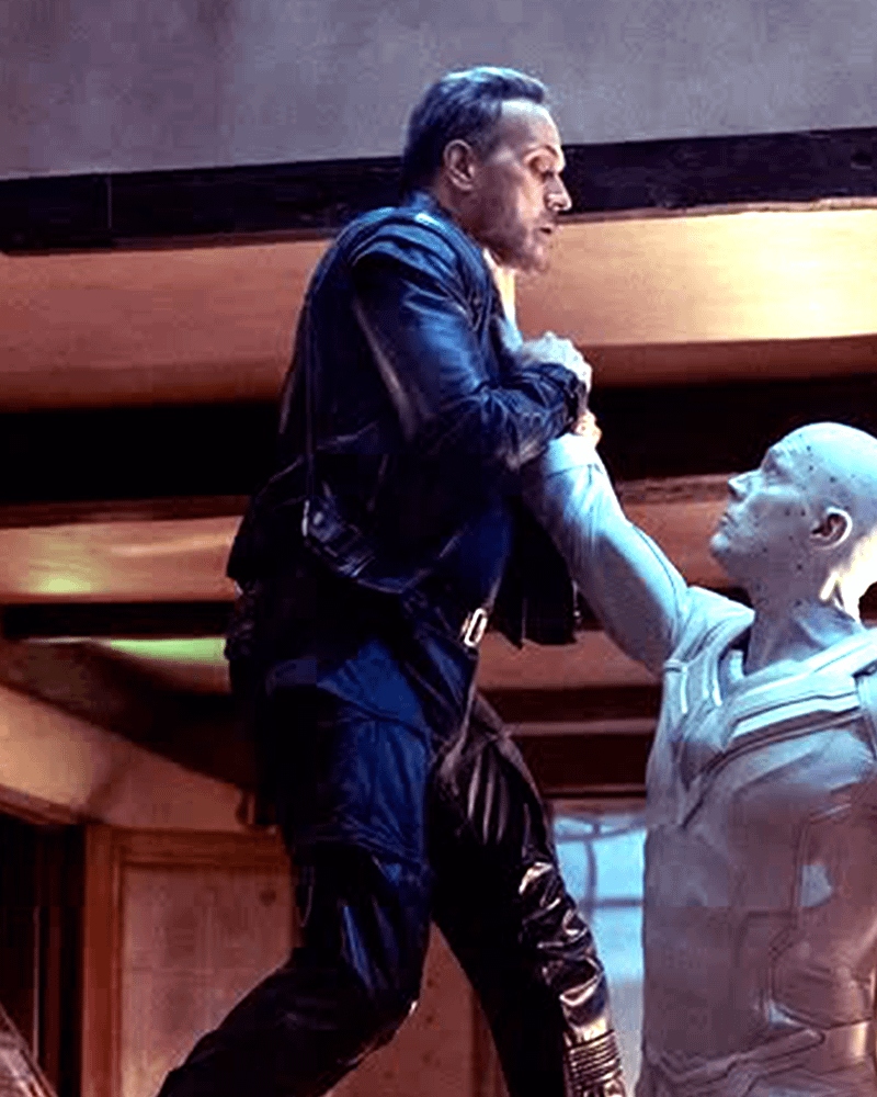 close-up shot of Todd Stashwick as Paladin, Paul Bettany as White Vision in 'VisionQuest.'
