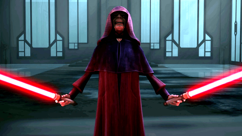Palpatine holding two lightsabers in The Clone Wars.