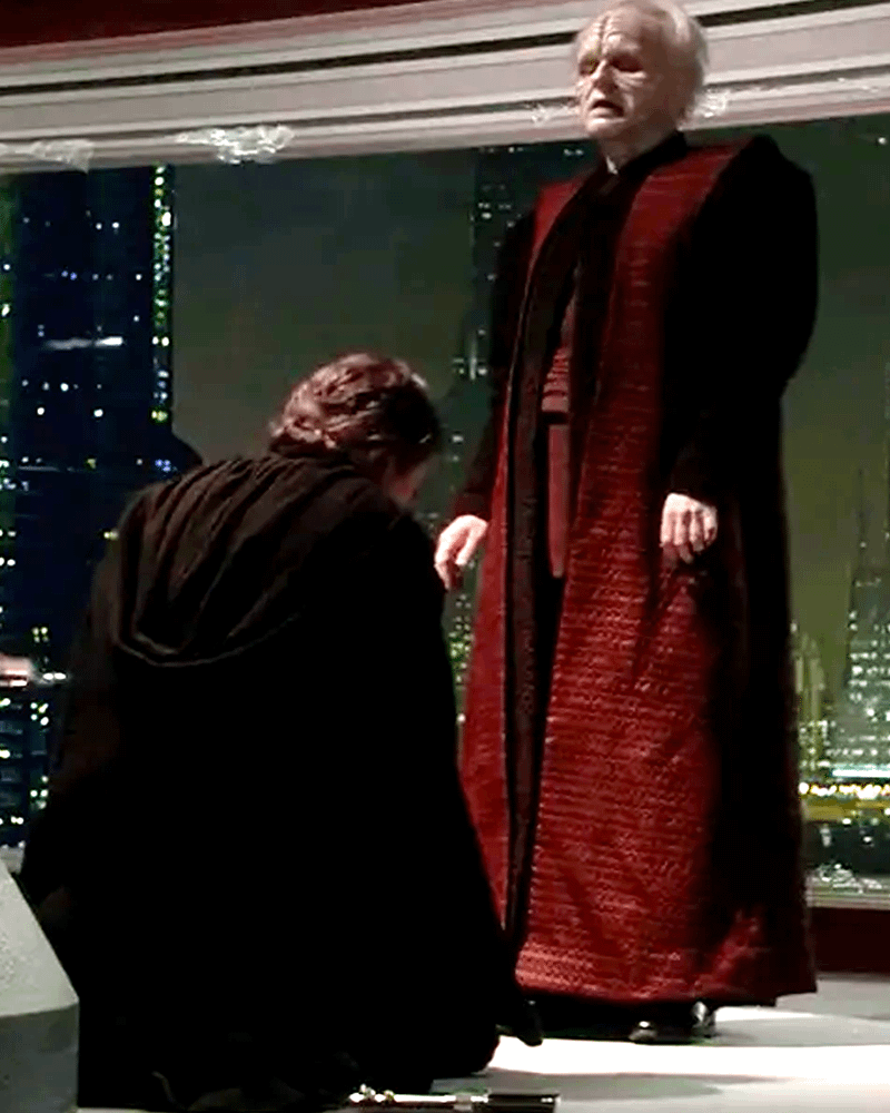 Anakin Skywalker bowing to Palpatine in the Jedi Temple in Star Wars: Revenge of the Sith